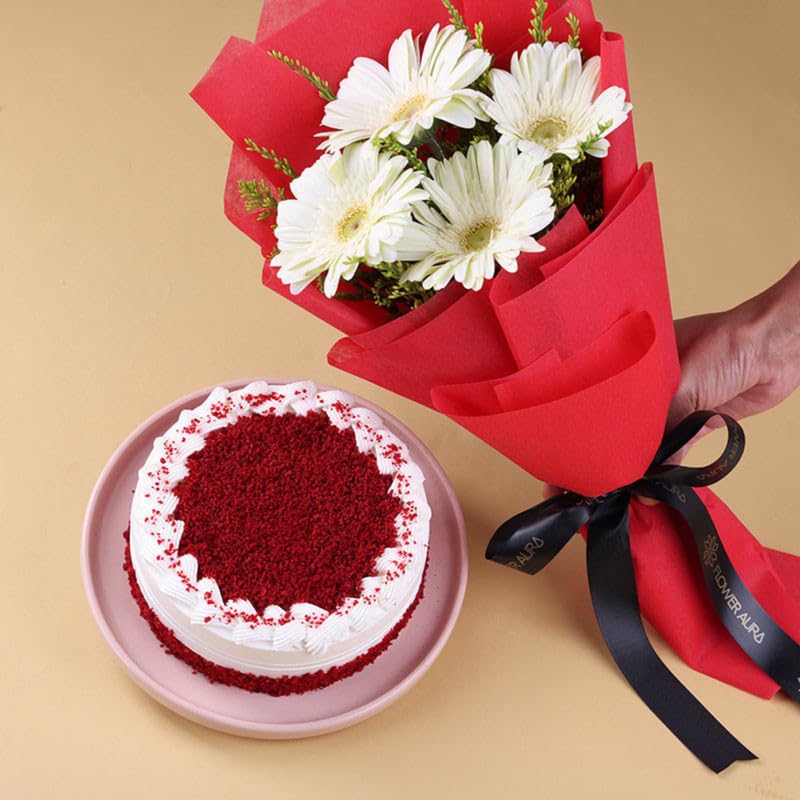 FlowerAura Premium Combo of Fresh Live 4 White Gerberas Flower Bouquet With Delicious 500g Red Velvet Cake For Birthday | Anniversary | Valentine's Day | New Year | Christmas (Same Day Delivery)-image-21