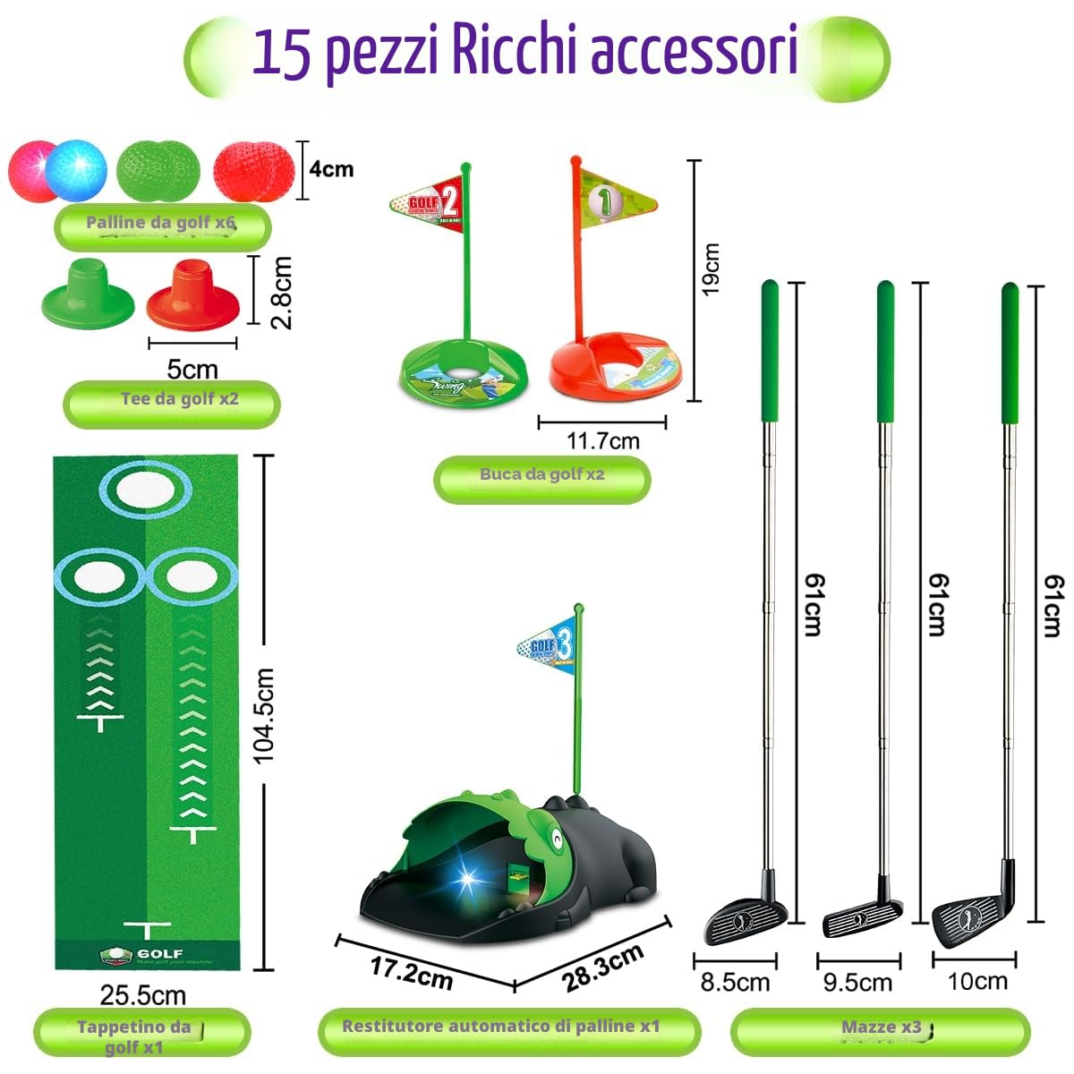 Giocattolo da Golf per Bambini Aggiornato con Raccoglitore Automatico, Palline da Golf Luminescenti a LED,Mazze, Tappetino da Putting,Mini Golf per 3-8 Anni, Giochi Sportivi per Ragazzi e Ragazze 3+