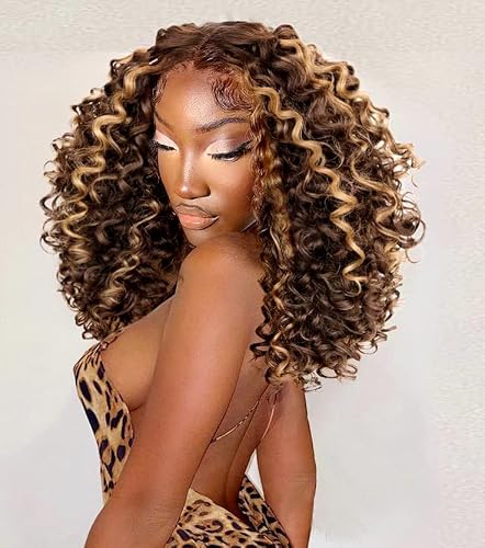 MITIMTES 16inch P4/27 Omber Honey Blonde Highlight HD Glueless Curly Lace Front Wig Pre Plucked with Babyhair Human Hair Blend Synthetic Short Curly Frontal Wig for Black Women
