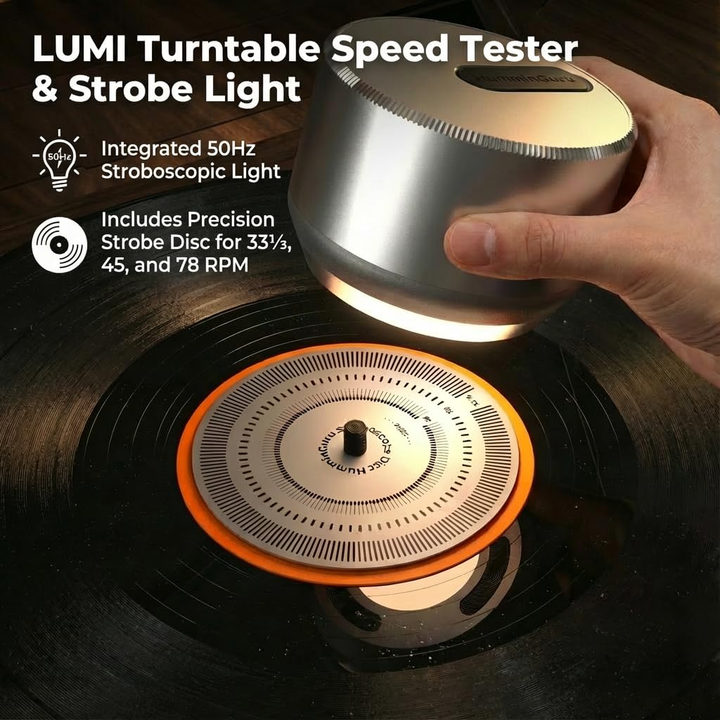 HumminGuru LUMI Plattengewicht Stabilisator und Plattenspieler Geschwindigkeitstester | 33/45/78 RPM Stroboskopscheibe und Licht | 300g Aluminium Gewichtsklammer | 9 LED Farbambienteleuchte Auto-Aus