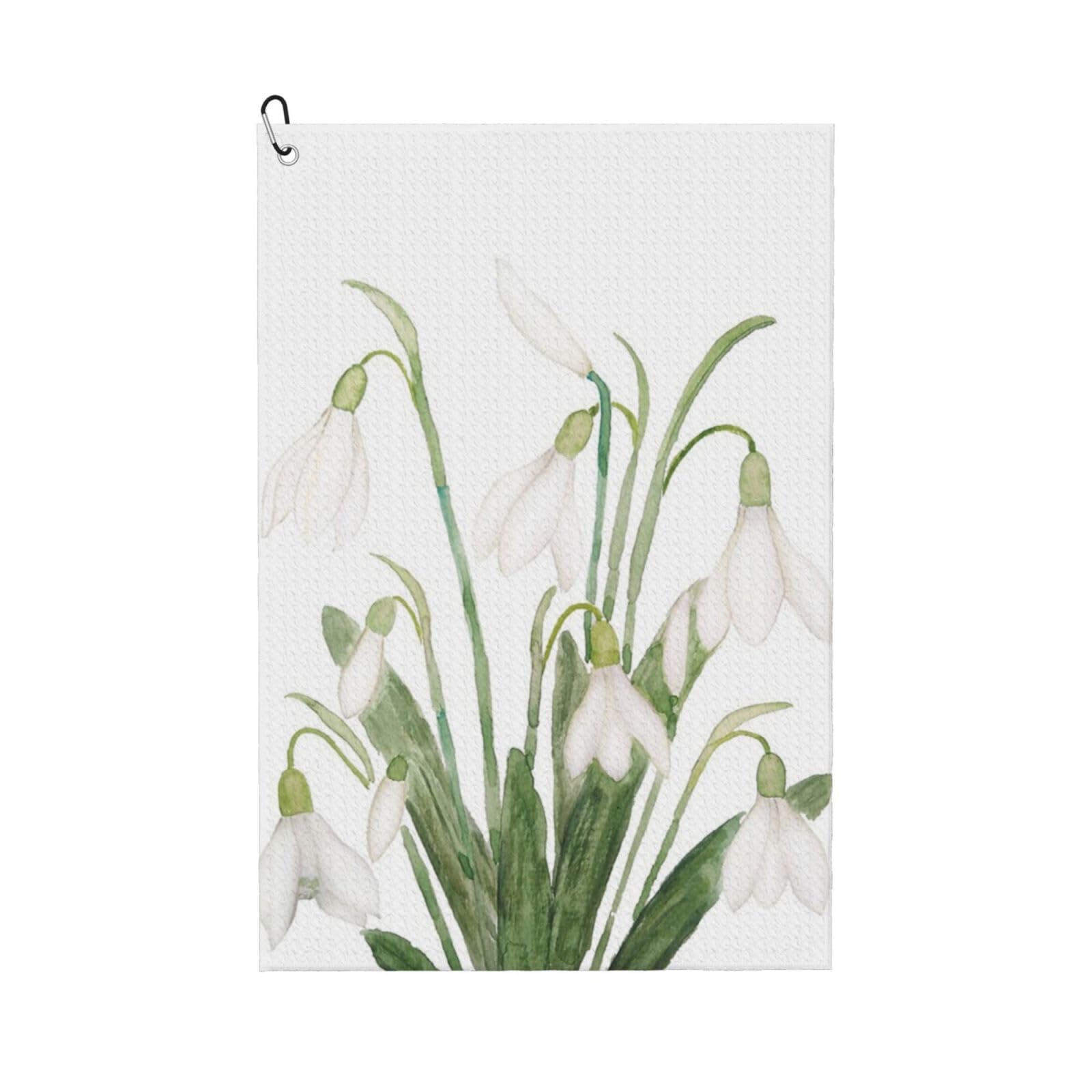 Hnnkloy White Snowdrop Flower Botanical Watercolor Painting, 16x24 in Portable Waffle Golf Towels with Carabiner Clip for Golf Bag