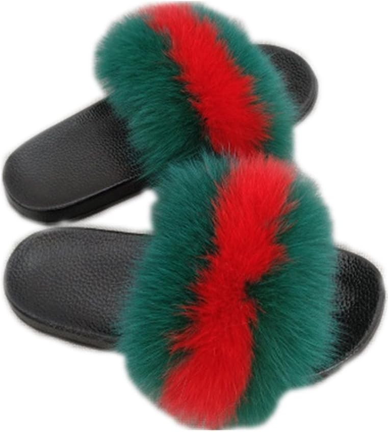 Women Real Fox Fur Feather Leather Open Toe Single Strap Slip On Sandals Multicolor