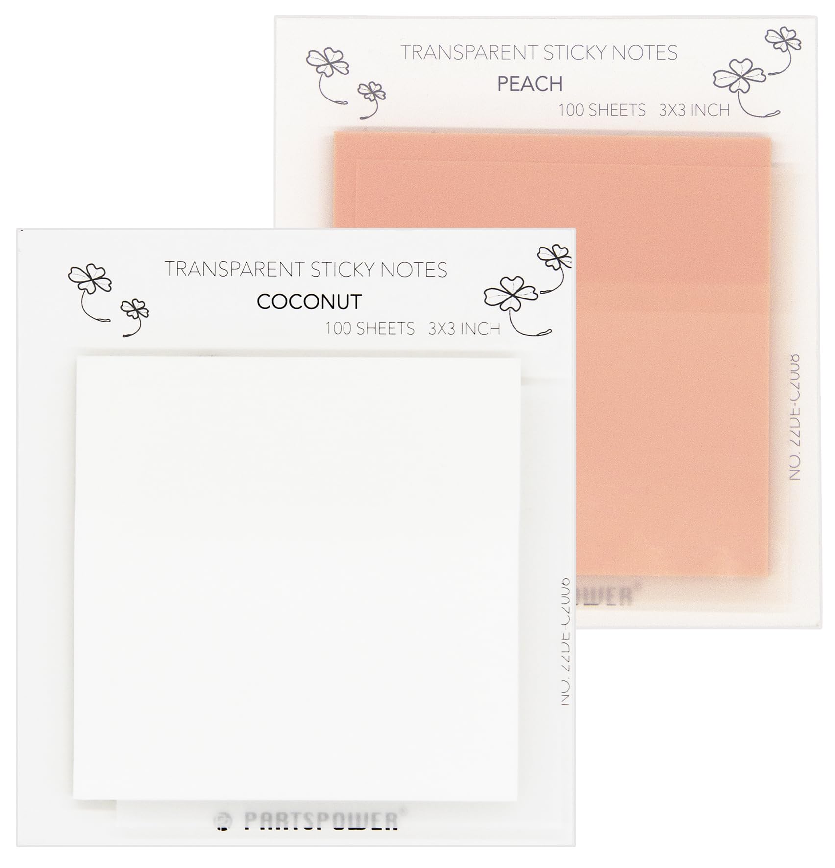 PARTSPOWER Notas adhesivas transparentes, 3 x 3 pulgadas, notas adhesivas translúcidas pastel para libros, estudio bíblico, lectura, suministros escolares de oficina, 100 hojas/bloc (coco y melocotón)