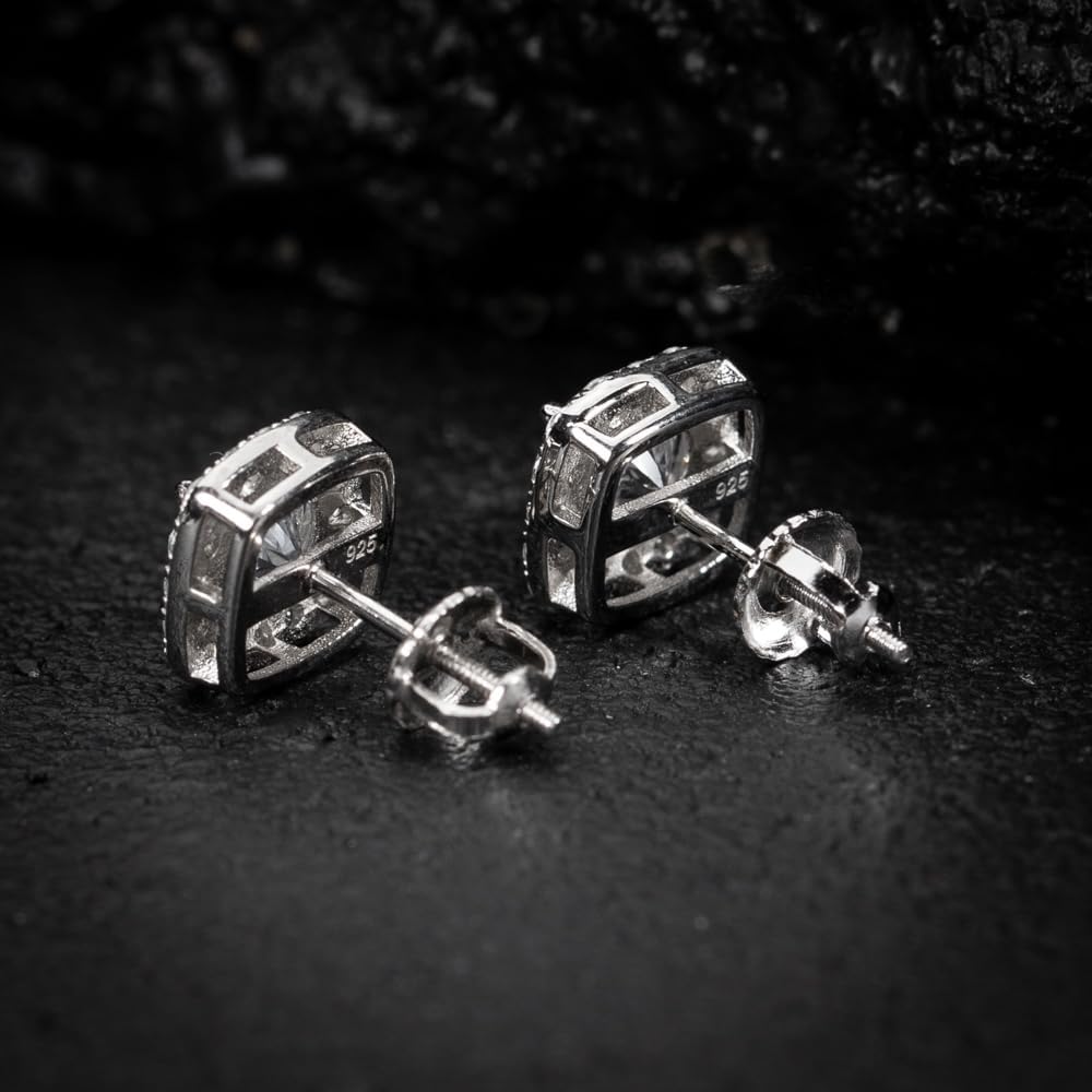 Men's Women's Square Halo Brilliant Sterling Silver Iced Elegant Cz Cube Shape Hip Hop Stud Screw Back Earring Round Circle 5A Cubic Zirconia Unisex Small 10mm Earrings Jewelry Gift For Men Women