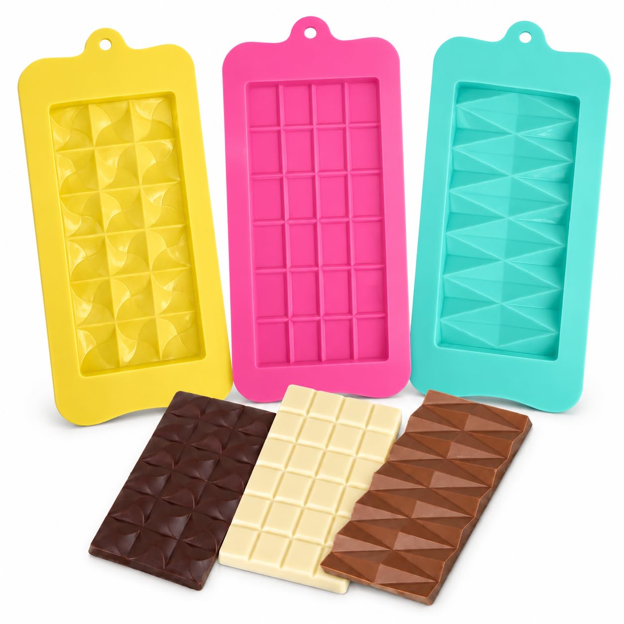 3-Pack Silicone Chocolate Moulds – Colourful Assorted Shapes for DIY Chocolate Bars, Candy, Jelly, Party Treats – Food Grade Non-Stick Molds for Baking & Gifting (1 Pack - 3pcs)