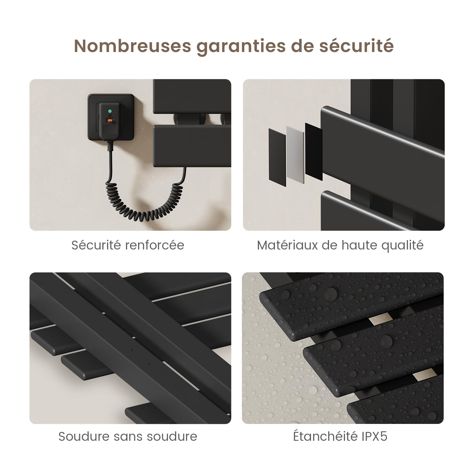 EMKE Sèche-Serviettes Électrique, 850x400mm, 230W, Noir Mat, Côté Gauche | Porte-Serviettes Chauffant,Écran Tactile, Radiateur Sèche-Serviettes Contrôle Wi-FI, Fonction Minuteur