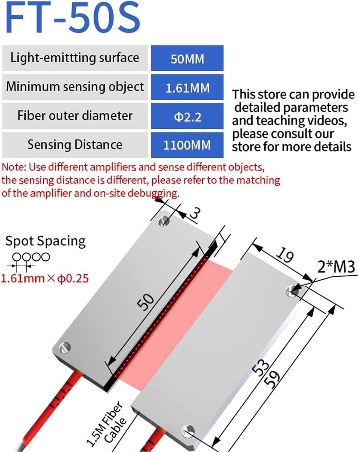 1pcs Banner Array Fiber Optic Sensor Through-Beam Probe Amplifier 12-24V DC Matrix Optical Switch Sensor(FT-50S)