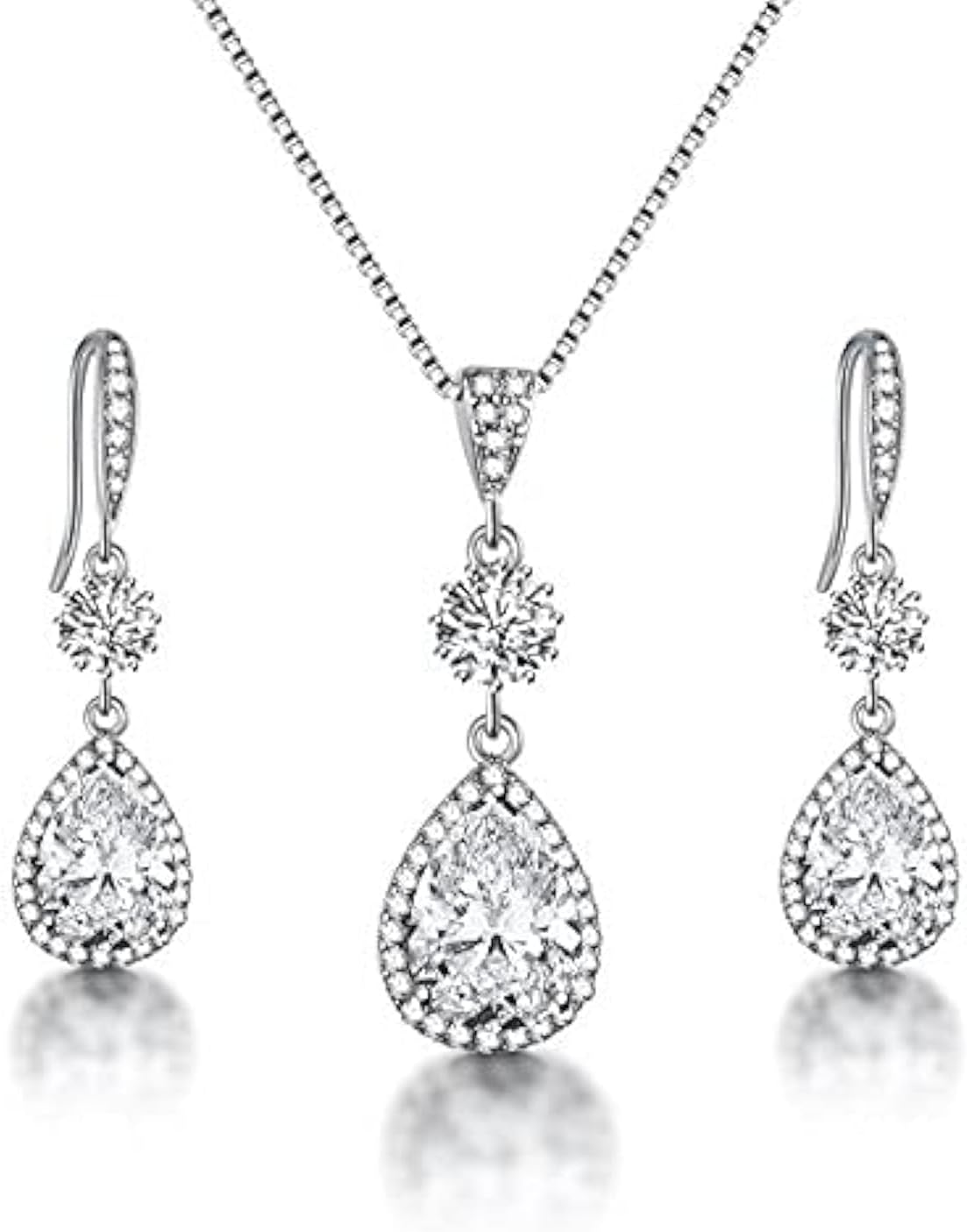 AMYJANE Elegant Jewelry Set for Women - Silver Teardrop Clear Cubic Zirconia Crystal Rhinestone Drop Earrings and Necklace Bridal Jewelry Sets Best Gift for Bridesmaids