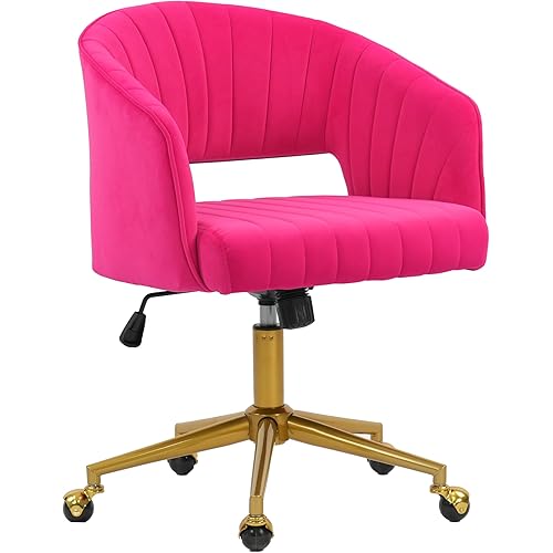 Home Office Chair Swivel Velvet Desk Chair Accent Armchair Upholstered Modern Tufted Chairs with Gold Base for Girls Women Ergonomic Study Seat Computer Task Stools for Living Room(Hot Pink)