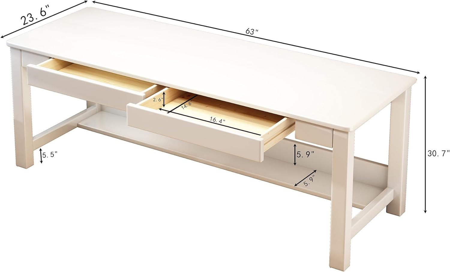 63’’ Extra Long Desk, Wooden Computer Desk with 2 Drawers and Storage Bookshelf (White)