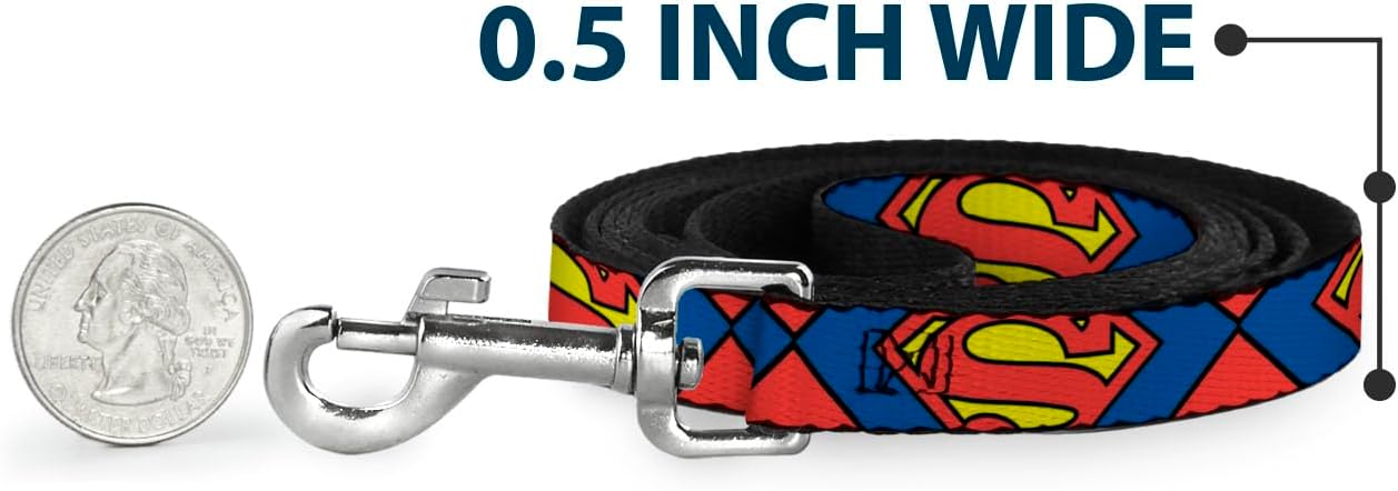 Dog Leash Superman Shield Close Up Blue Red Yellow 6 Feet Long 1.0 Inch Wide