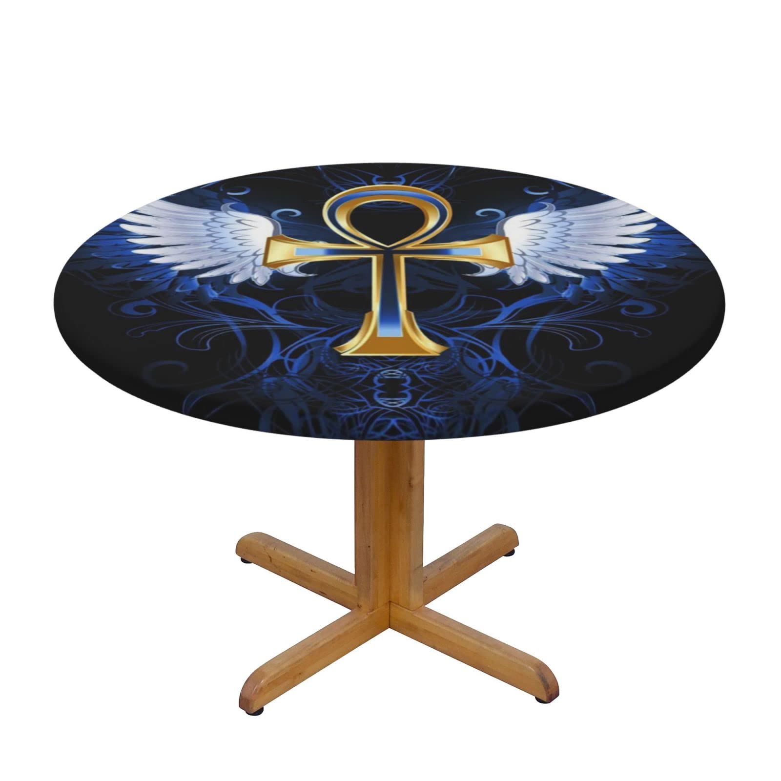 Lsjuee Round Fitted Tablecloth 45-50in Elastic Edged Table Cloth for Kitchen Dining Party Home Decor - Ancient Egypt Ankh Gold Symbol Black