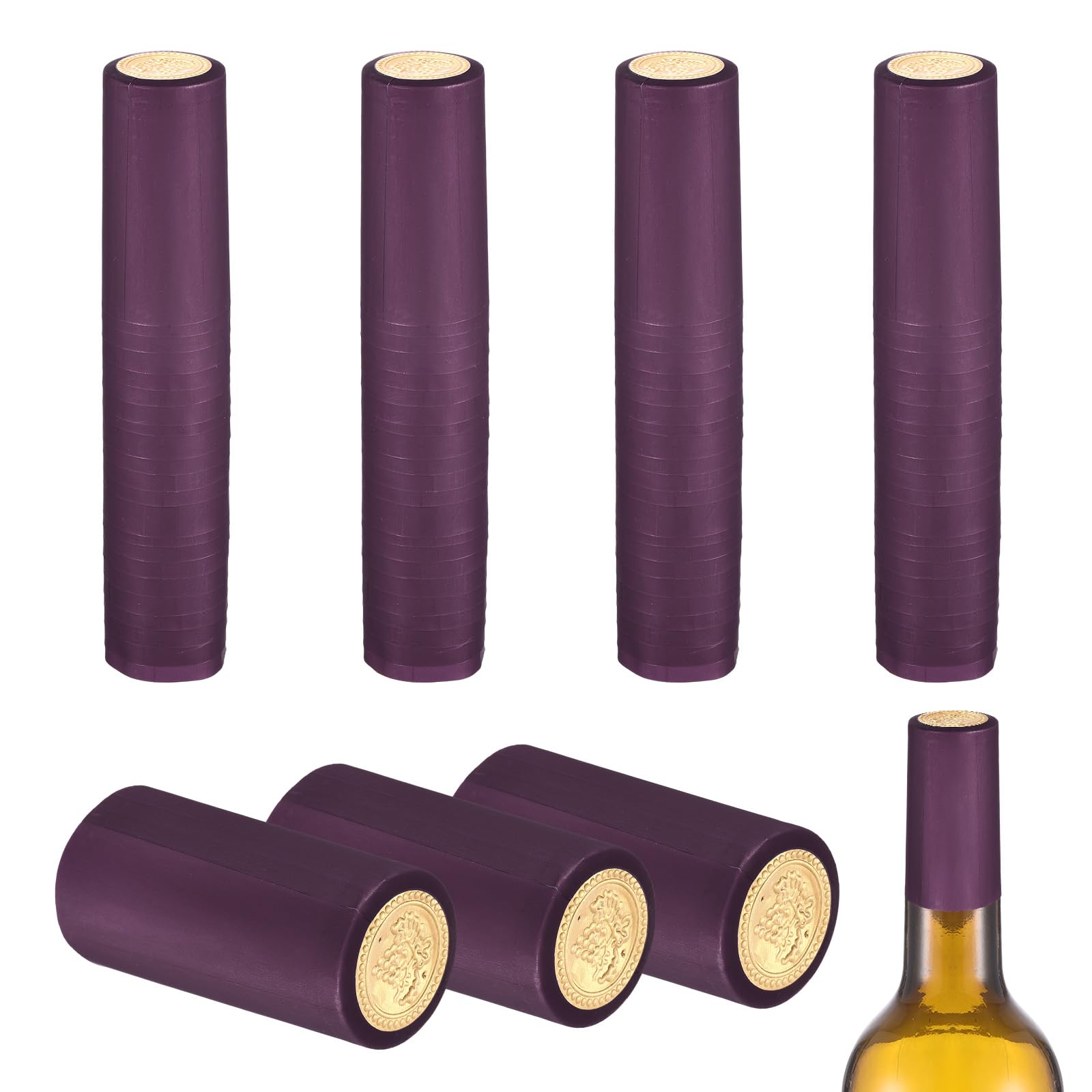 sourcing map 110Pcs PVC Heat Shrink Capsules, 30mm x 60mm Wine Bottle Capsules Shrink Wrap Sleeves Bottle Corks Caps for Wine Making Cellars and Home Kitchen, Gold Grape/Purple Red