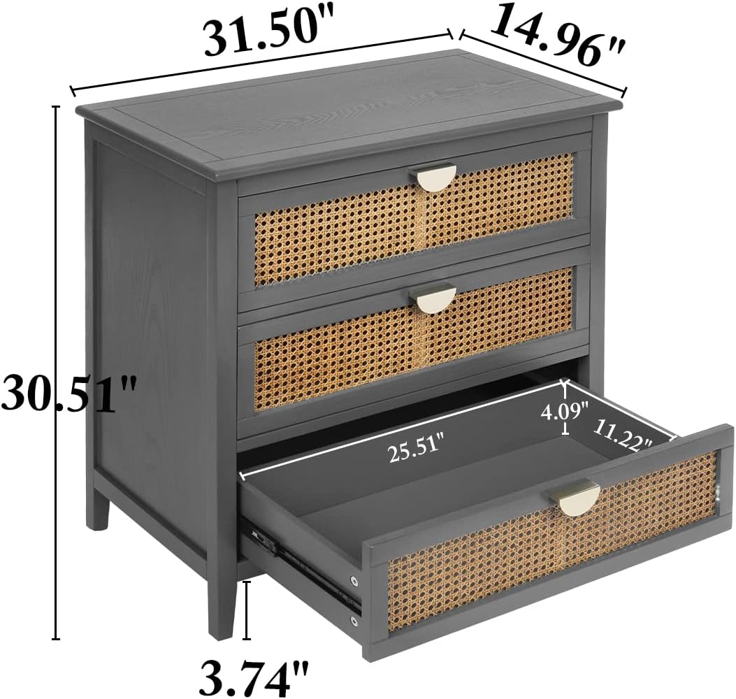 3 Drawer Nightstands, Rattan Drawer Chest Modern Wood Storage Chest of Drawers with Metal Handles Storage Nightstands for Bedroom, Living Room, Hallway, Entryway (Grey)