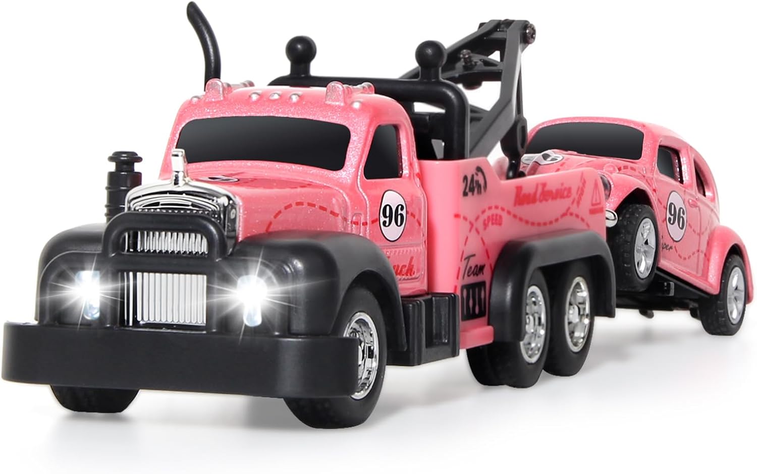 Mini Rc Truck,Tow Trucks Toy with Mini Metal Car Set 2PCS,City Service Vehicle Remote Control Tow Truck Toys for Kids Boys Gifts 3-5 4-7 8-12 Years Old, 1:64 Scale Cars Trailer Toy with Light (Pink)