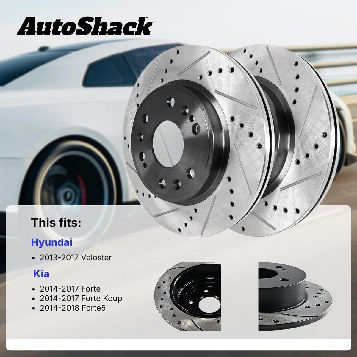 AutoShack Front Vented & Rear Solid Drilled & Slotted E-Coated Brake Rotors 4-PC Set Replacement for 2016-2017 Kia Forte 2013-2017 Hyundai Veloster 2014 Kia Forte ShadowGuard