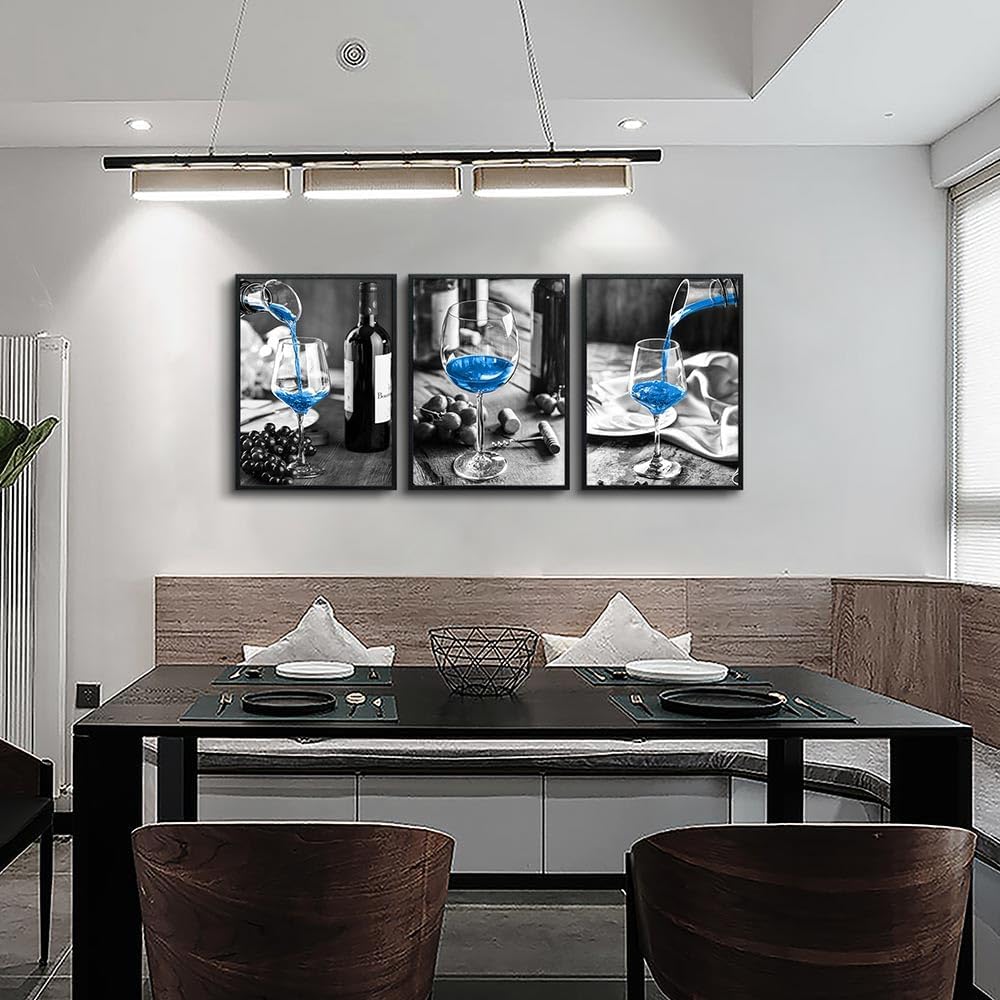 TTHYUEWS Black And White Wall Paintings Wall Art For Kitchen Modern Wall Decor For Dining Room Blue Wine Glasses Pictures Prints Artwork Ready To Hang For Restaurant Home Decor Black Framed 3 Piece image 4