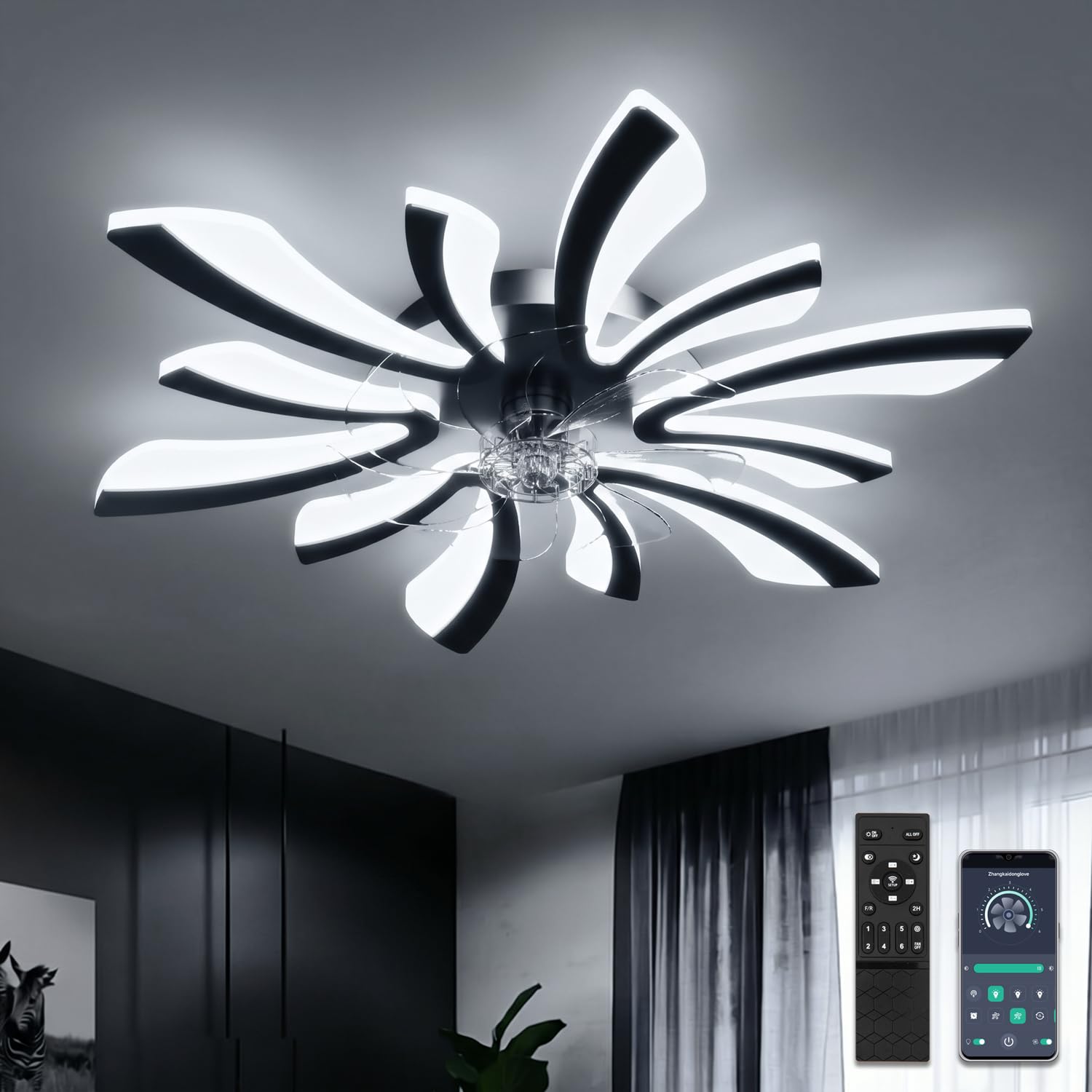 78cm Ventilador de Techo con Luz Ultra Silencioso Lampara Ventilador Techo con Mando Regulable 6 Velocidades DC Verano/invierno Plafon Iluminacion Ventilador Moderna para Dormitorio Salón,Negro