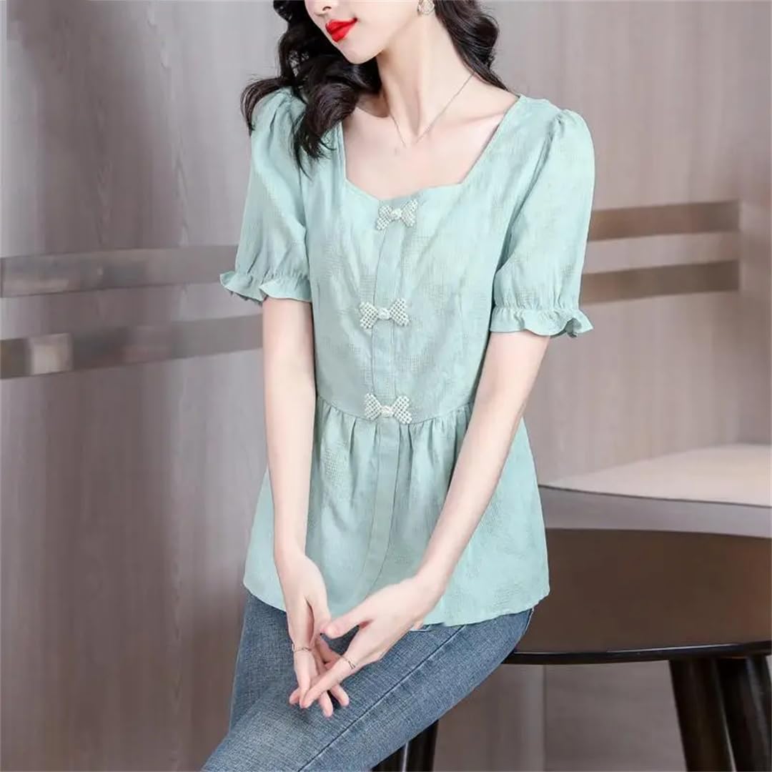 Camicia da donna a maniche corte estiva da ufficio con fiocco e bottoni, scollo quadrato, in cotone
