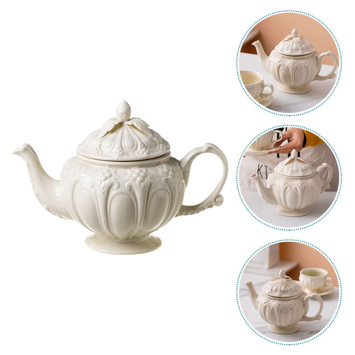 BESTOYARD Cafetera de Estilo Británico Vintage Relieve, Capacidad Grande y Asa Cómoda de Cerámica Beige para Uso en Cocina Retro
