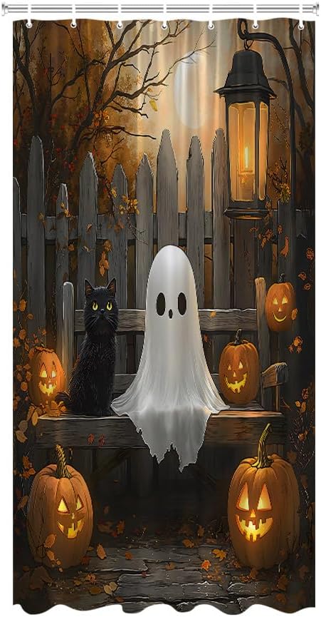 Halloween Shower Curtain Spooky Ghost and Black Cat Horror Pumpkin Fall Misty Forest Lantern Autumn Decor Bathroom Decor Polyester Fabric Curtains with Hook 70Wx80H Inches
