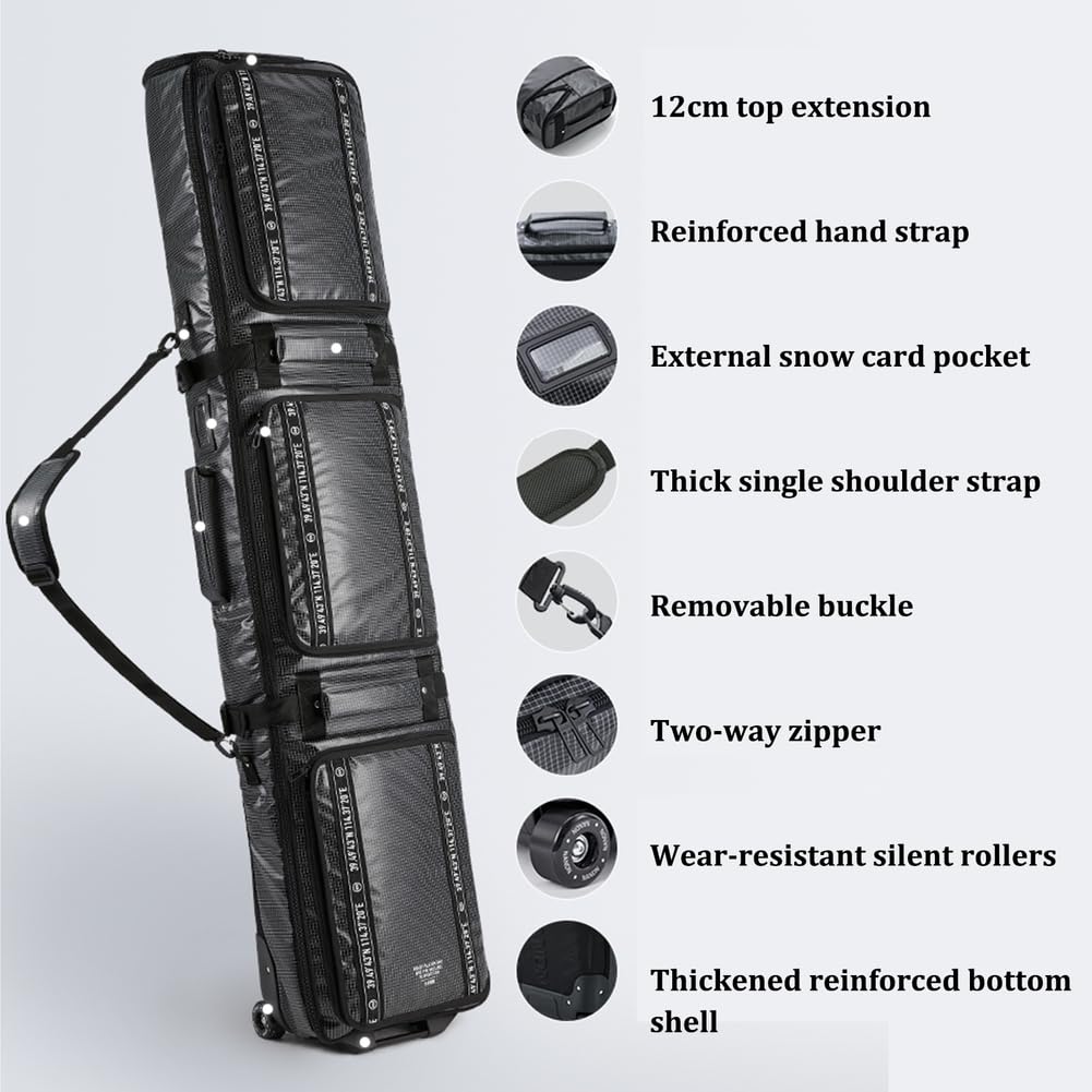 Sac de snowboard à roulettes rembourré imperméable pour skis simples ou doubles, pliable et extensible