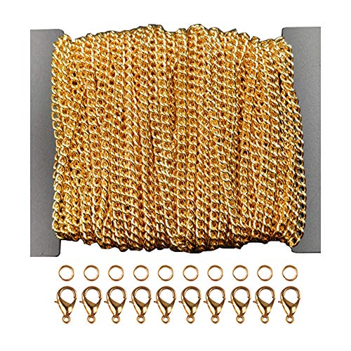 WUBOECE 39 Feet Curb Chain Necklace Bulk Cable 2.5mm Width with 30 Lobster Clasps and 100 Open Jump Rings for Jewelry Making, Gold