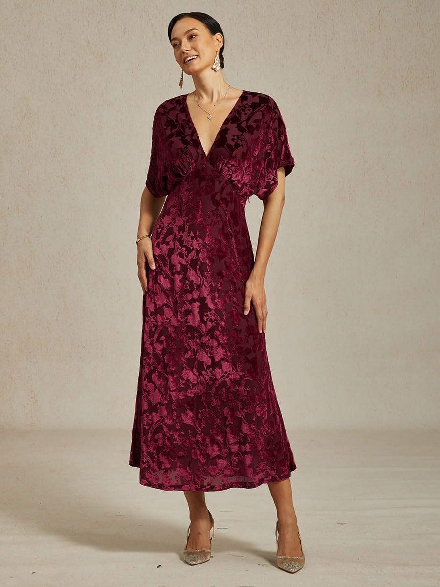 Women's V Neck Velvet Maxi Dress with Sleeves Elegant Retro Formal Dresses for Wedding New Year Cocktail Party Red - Image 7