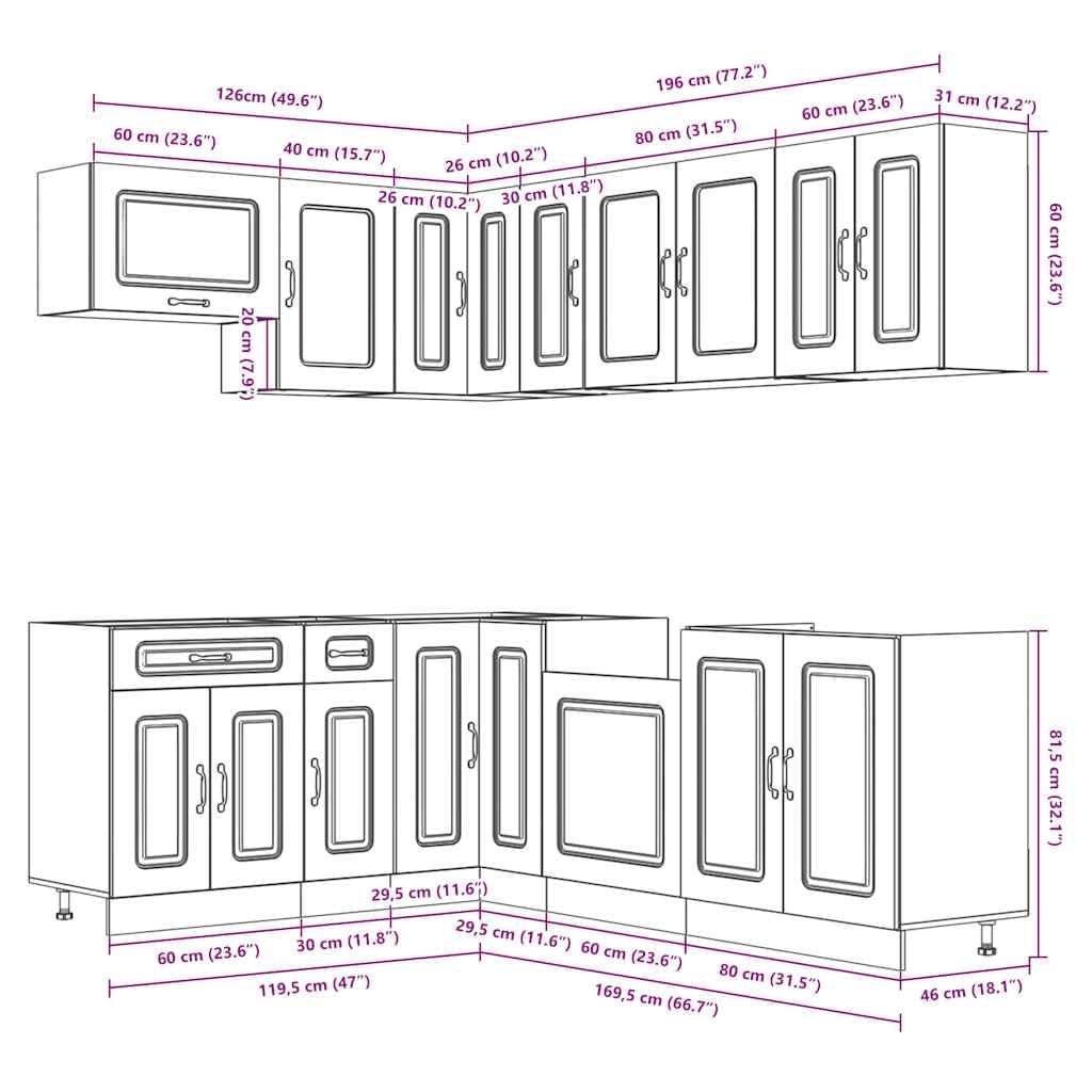 Kalmar - Set di mobili da cucina da 11 pezzi, elegante angolo e pensili, mobili da cucina modulari in legno per molto spazio, bianco lucido
