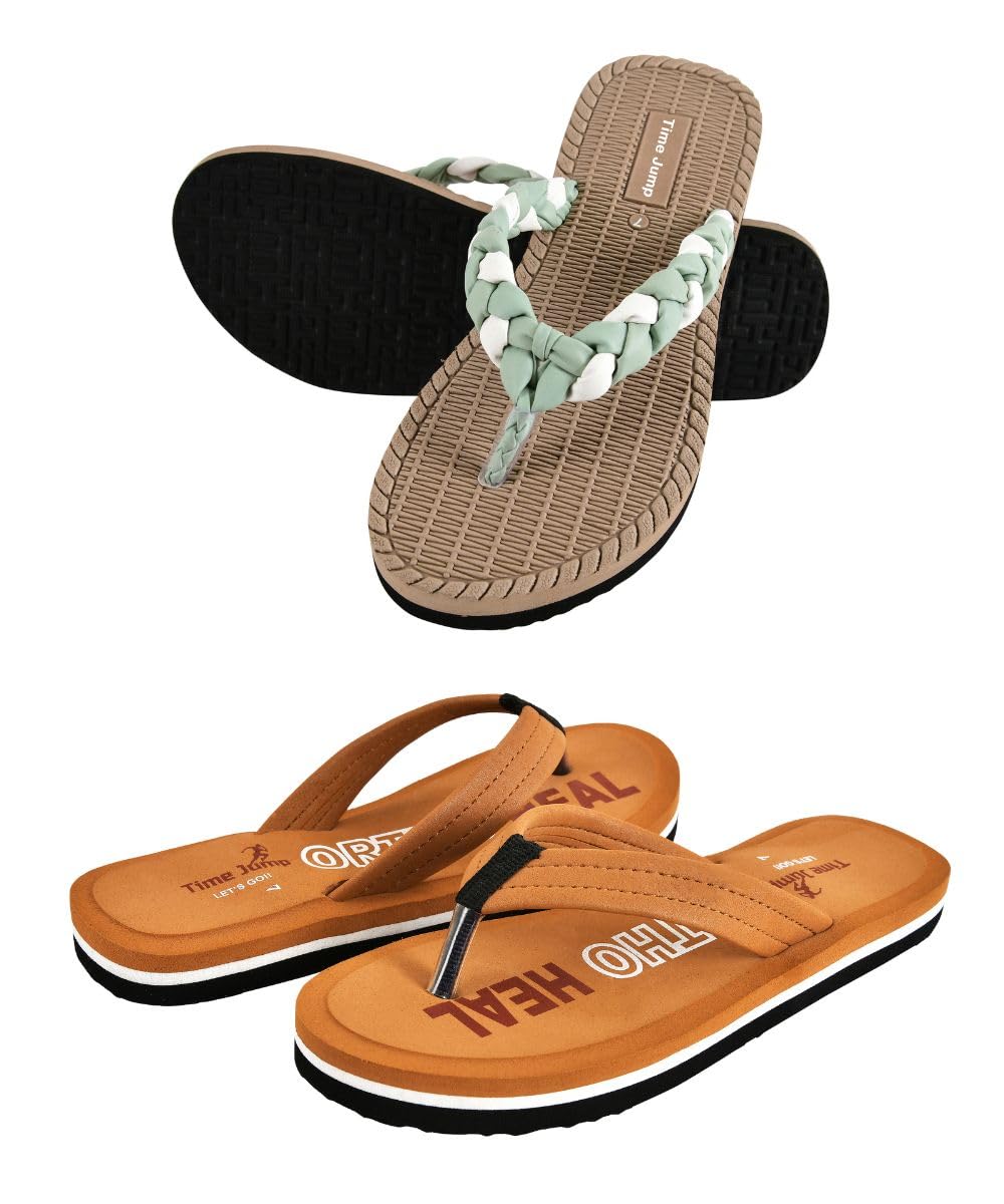 Women's Flip Flop Sandals Combo Pack, Orthopedic Sock Proof Multicolor Braided and Casual Beach Slippers, 2 Pairs-image-2