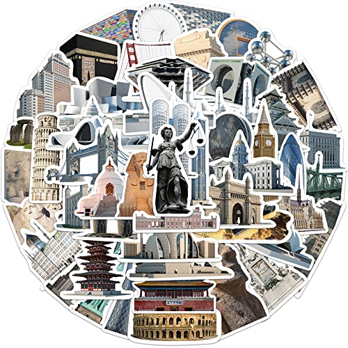 65pcs World Architecture Stickers Cool Trendy World Famous Buildings Stickers for Adult Journal,Aesthetic Vinyl Waterproof Stickers for Laptops Scrapbook Water Bottle Guitar Phone Travel Case