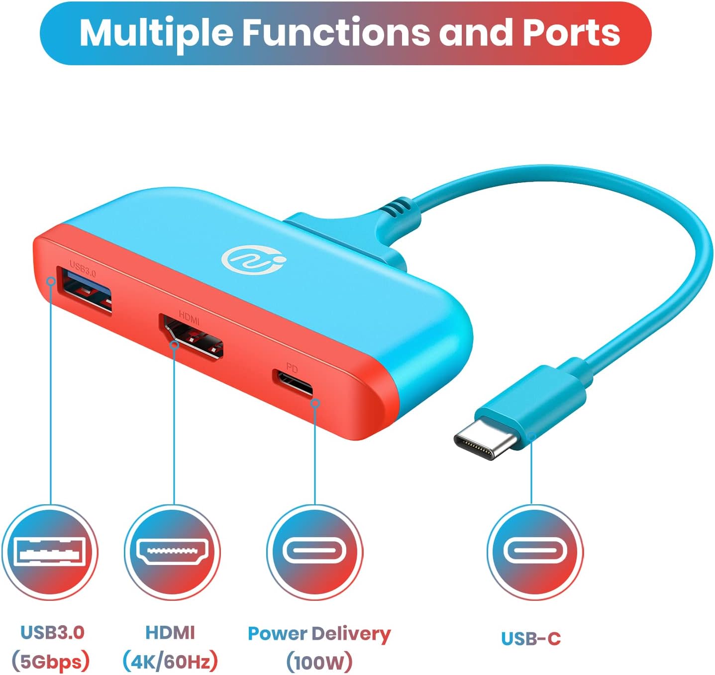 NEWDERY Multi-Function Hub Port Diagram: USB 3.0, HDMI, Power Delivery (PD), USB-C
