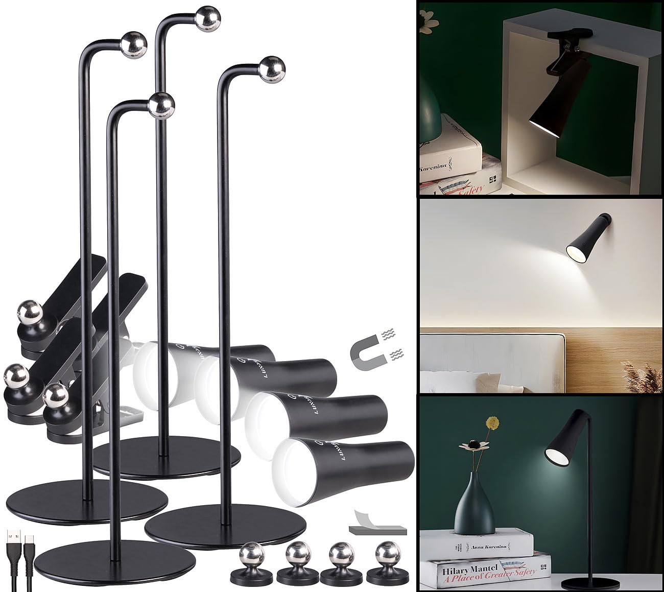 Lunartec Multi-Akku-Lampe: 4er-Set 4in1-Akku-Tisch-, Wand-, Klemm- & Taschenlampe, 3 Modi,schwarz (Stand-Lampe, Bilderlampe)