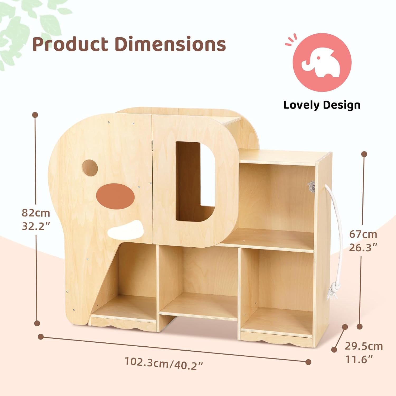 OOOK Montessori Bookshelf with Elephant Shape, 2-Shelf Toddler Bookshelf, Montessori Shelf and Toy Storage Organizer for Classroom, Kindergarten, Kids Room, Playroom and Daycare.