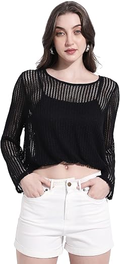 SHOWOFFFF Women’s Black Crochet Textured Top with Attached Inner-CHN-012-2_Black-P