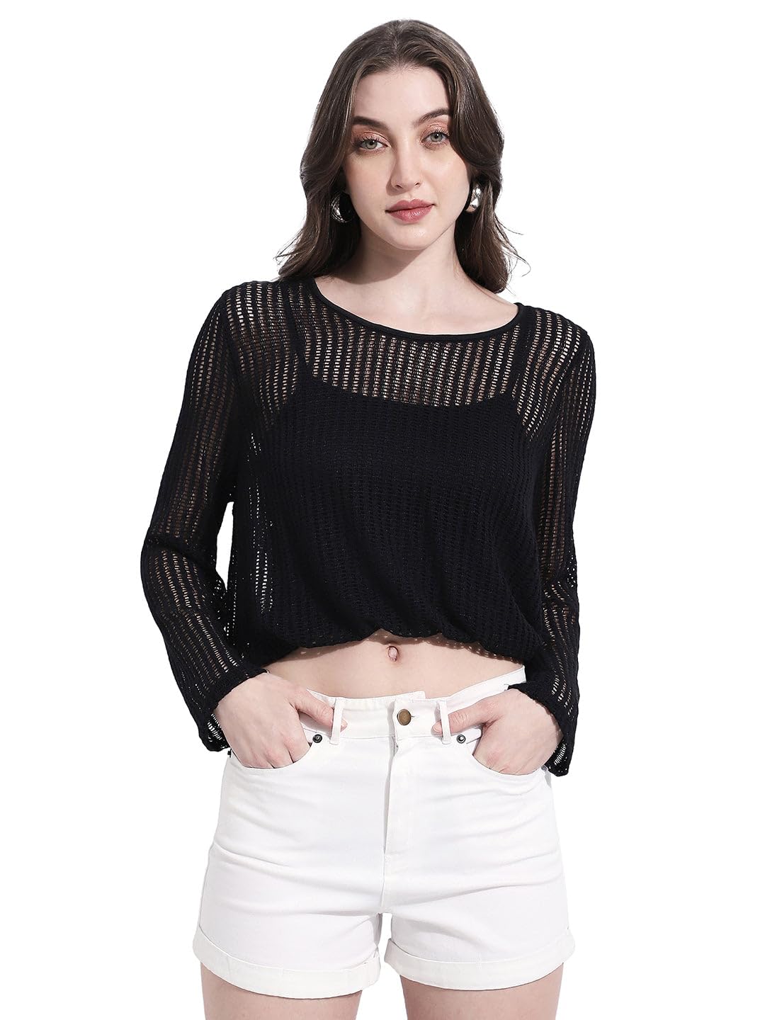 SHOWOFFFF Women’s Black Crochet Textured Top with Attached Inner-CHN-012-2_Black-P - Review, Price and Buying Guide