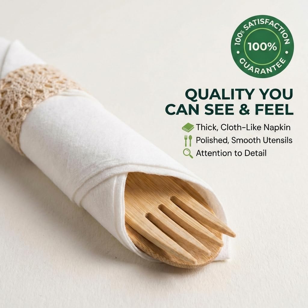 Pre Rolled Napkin and Bamboo Cutlery Set - 50 Pack Bamboo Utensils Wooden Cutlery 50 Forks 50 Knives 50 Spoons 50 Napkins, Pre Wrapped Disposable Silverware Cutlery for Party, Wedding, Events