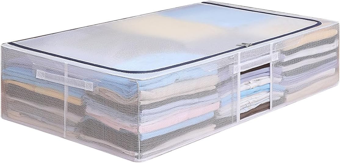 Thickened Fabric Transparent Storage Box Mesh Clothes Organizer with Lid PVC Bed Storage Box Large Capacity Moisture Proof Clothing Storage Box for Bedroom (Steel Frame 70L