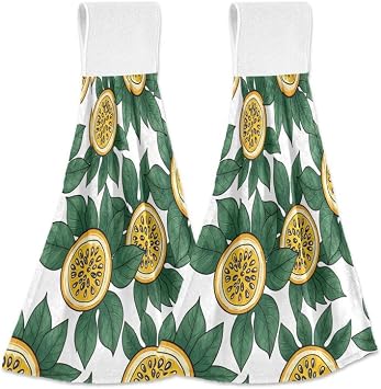 Retro Fruit Slice Green Leaves Kitchen Hanging Towels with Loop 2PCS Soft Super Absorbent Hand Tie Dish Drying Fingertip Towel for Bathroom Guestroom Laundry