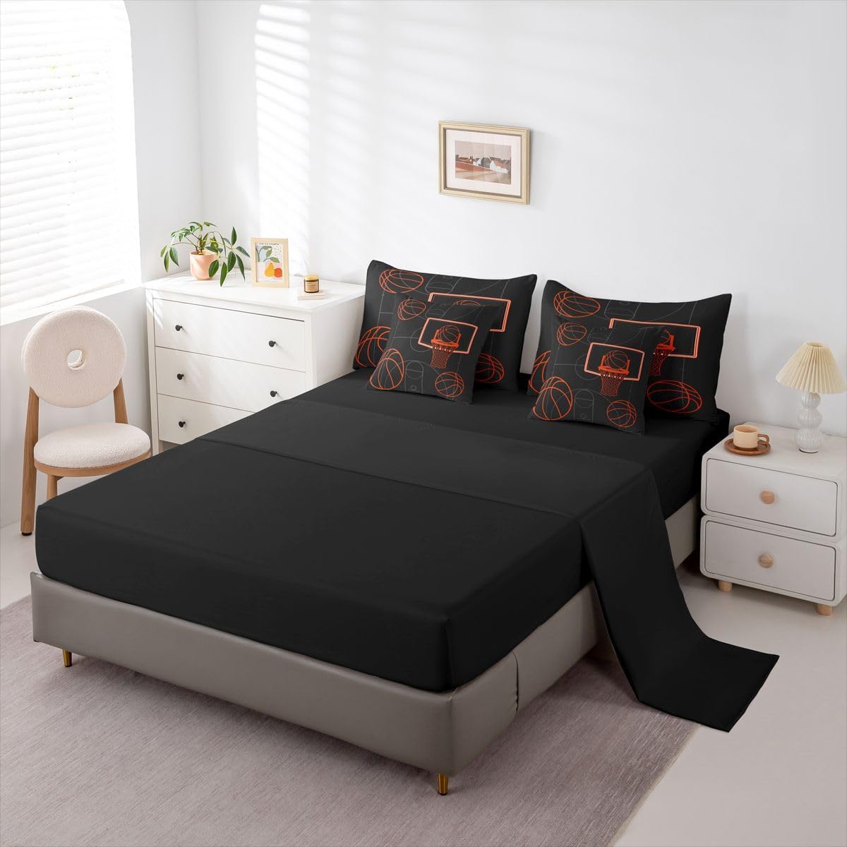 Erosebridal Basketball Games Boys Kids Comforter Set Queen Size 7 Pieces | Gaming Ball Pattern Bed in A Bag Sports Theme Bed Set Black Orange Bedding