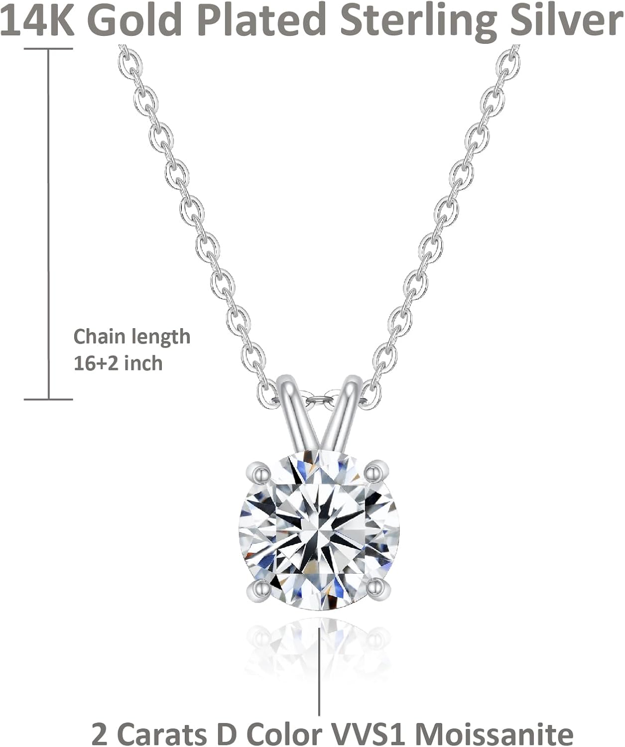 SUNFEEL 2CT Moissanite Necklace for Women Round Cut Moissanite Pendant 18K White/Yellow Gold Plated Sterling Silver Necklace D Color VVS1 Solitaire Pendant with 16+2 Inch Chain Jewelry for Mom/Wife - Image 7