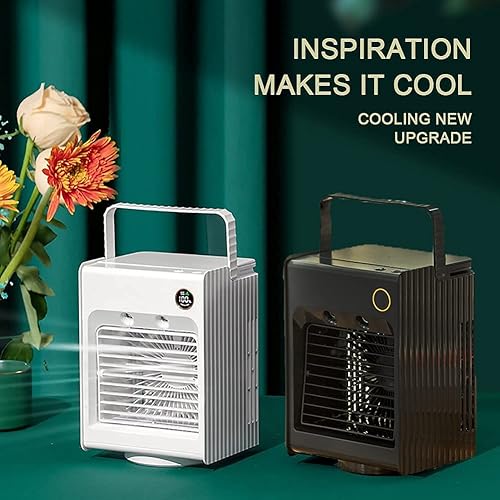 Miniatura 3 de Pequeño ventilador portátil de aire acondicionado, mini ventilador USB con luz nocturna y modo de 3 velocidades, pequeño humidificador oscilante