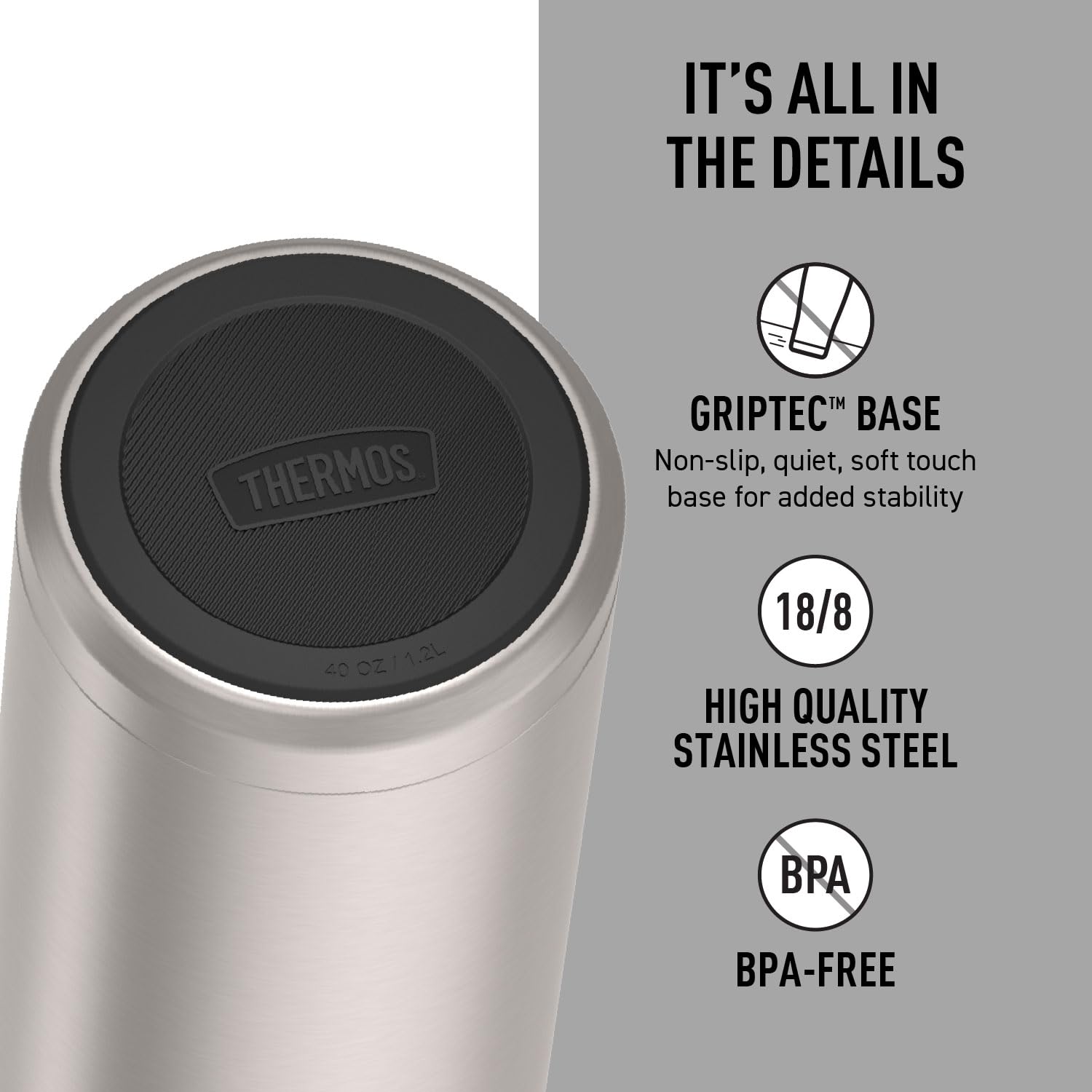 Thermos, ICON Series, Stainless Steel Beverage Bottle, Matte Stainless Steel, 40 oz