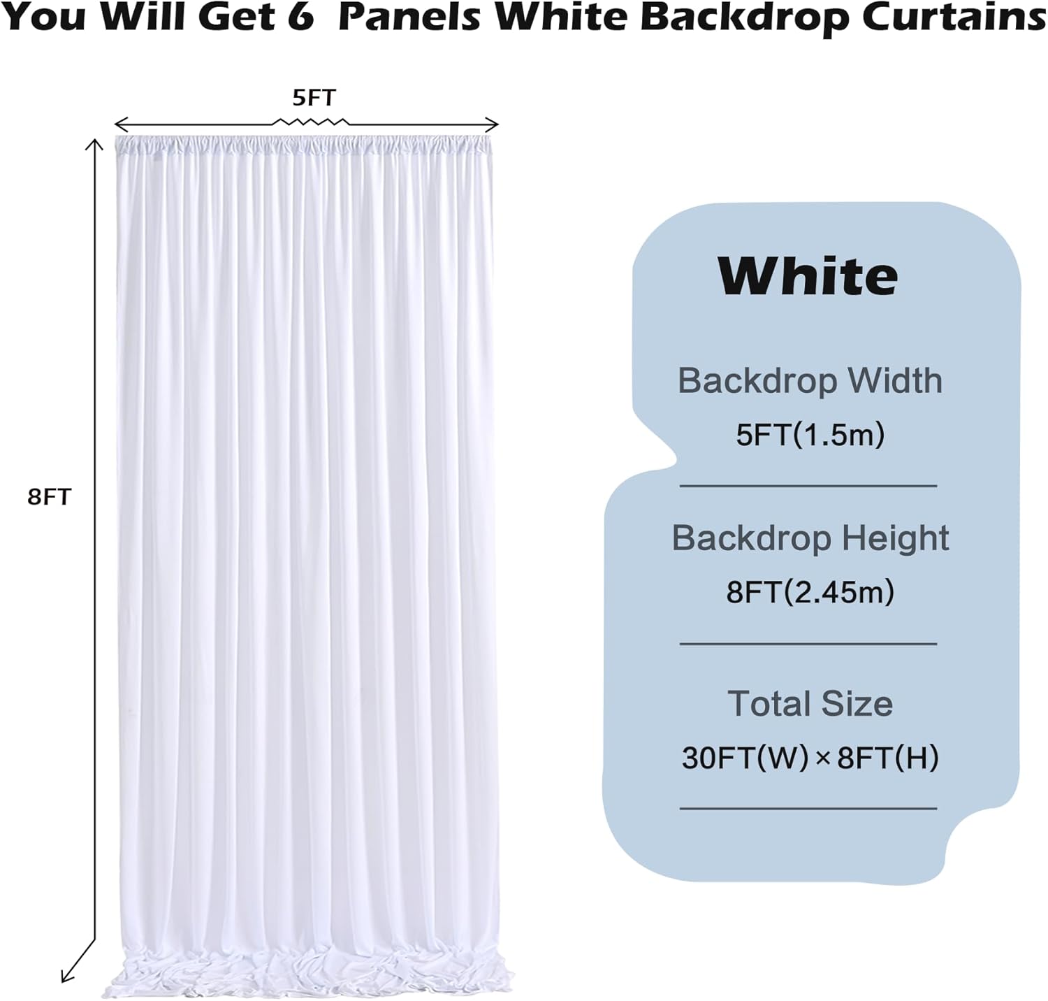 30ft x 8ft Wrinkle Free White Backdrop Curtains for Weddings Parties, 6 Panels 5x10ft Soft Silky Polyester White Photo Backdrop Drapes Back Drop Cloth for Birthday Christmas Photography Background