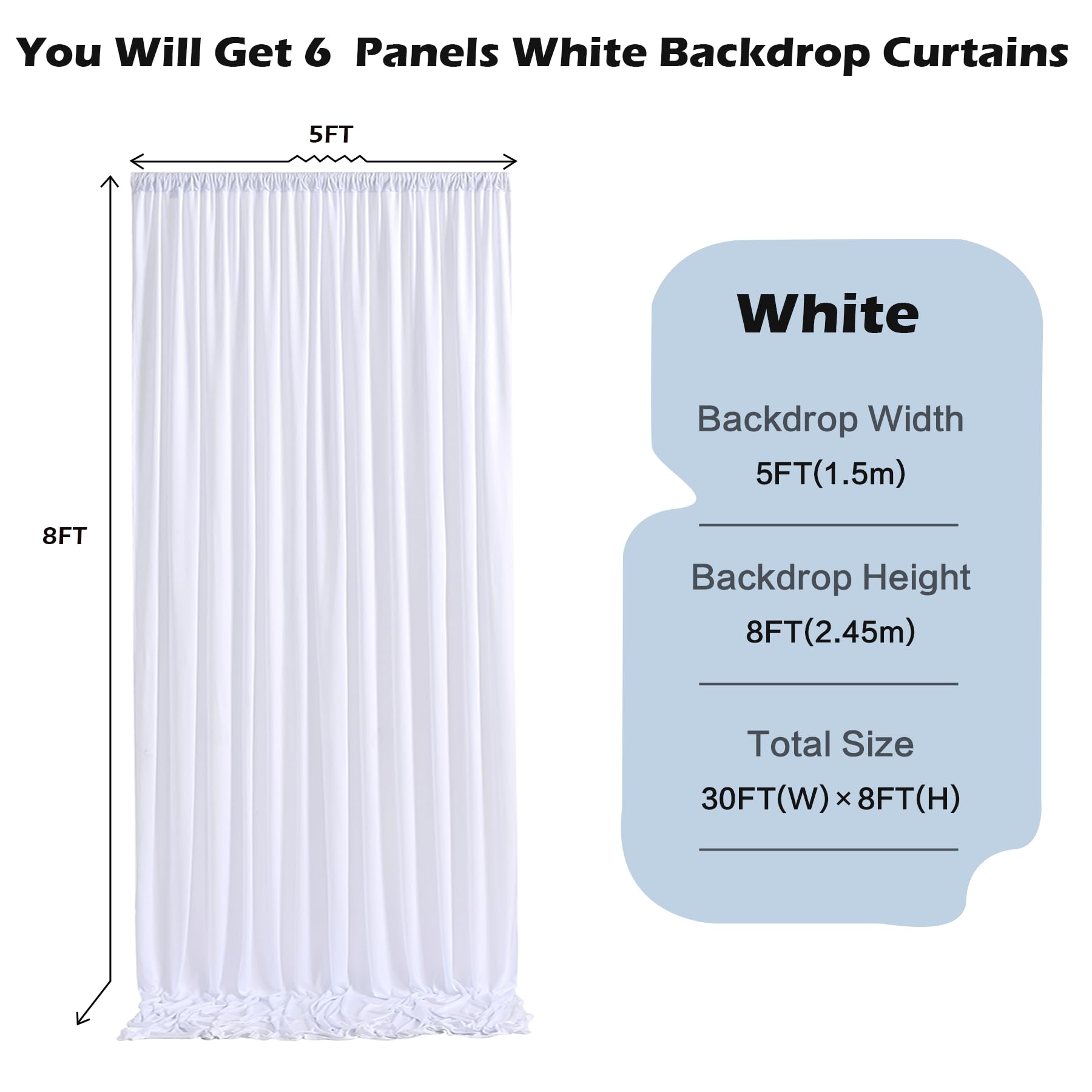 9 m x 2,4 m - Rideaux de Fond Blanc sans Plis pour fêtes de Mariage, 6 Panneaux de 1,5 x 3 m - Polyester Soyeux Doux - Blanc - Arrière-Plan Photo - Tissu arrière - pour Anniversaire, Noël