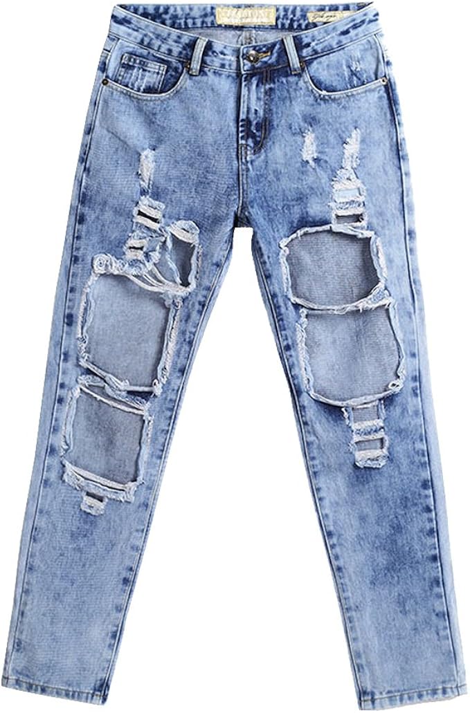 Amazon Mcukay 九分丈 ダメージジーンズ 柔らかい ストレートデニムパンツ レディース 高校生 ゆったり おしゃれ ウォッシュ加工 ボーイフレンドデニム ジーンズ 通販