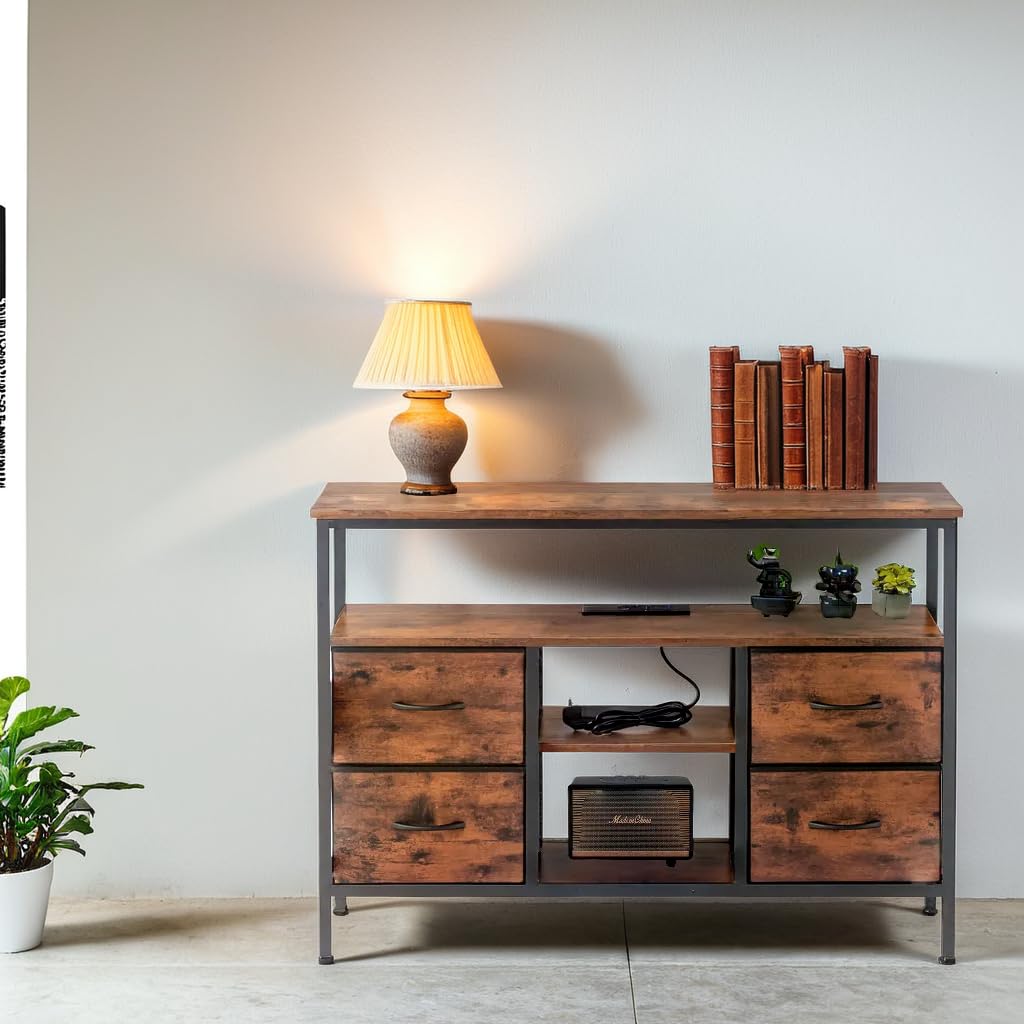 Cassettiera retrò con quattro cassetti e presa integrata, cassettiera in tessuto non tessuto con maniglie, cassettiere e credenze nere