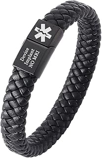 Device Implant NO MRI Medical Bracelet Personalized Stainless Steel Leather NO CT Scans Awareness Bangle for Men Women Customized ID Jewelry for Emergency