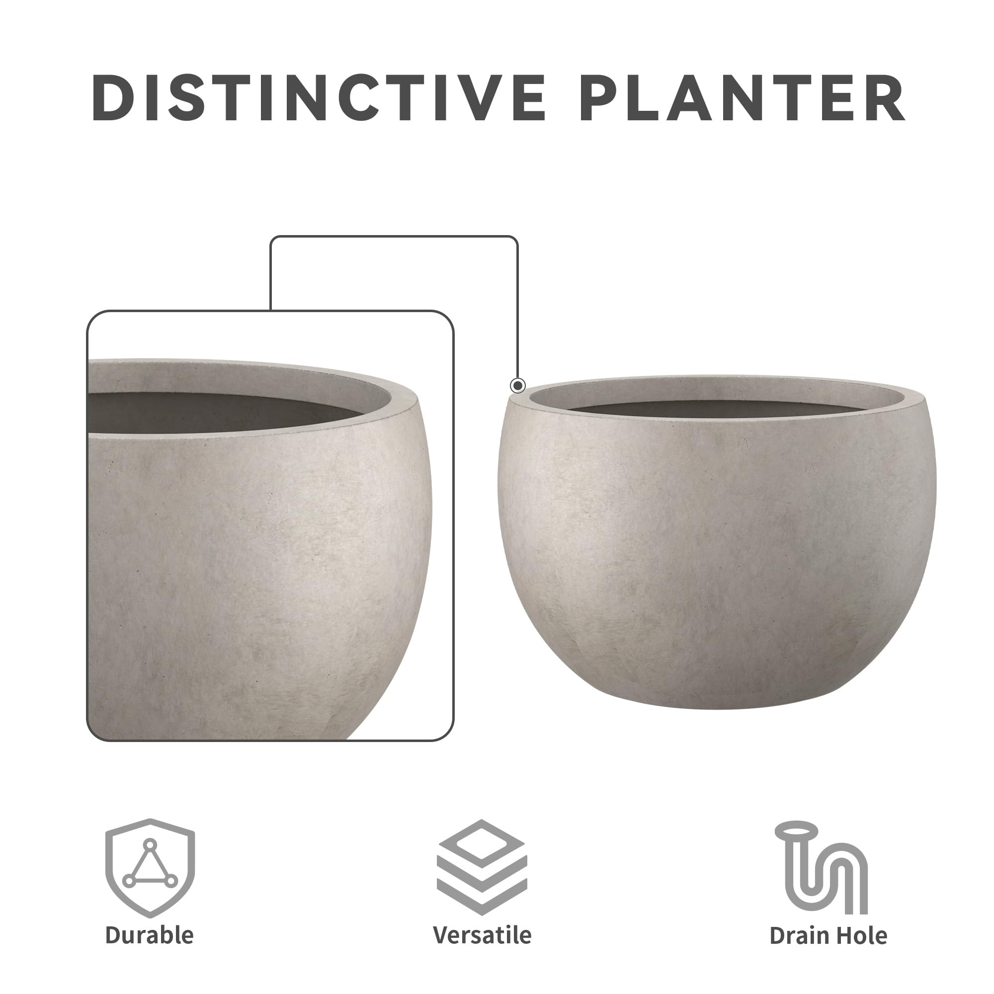 Kante 50,8 cm D Leichter Beton-Übertopf für den Außenbereich, rund, für drinnen und draußen, große Pflanzgefäße mit Ablaufloch für Garten, Terrasse, Balkon