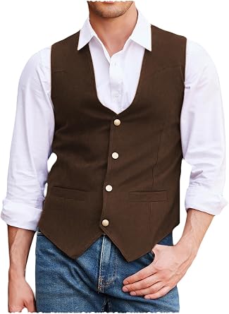 Mens Suede Vest Western Cowboy Waistcoat V-Neck Vest Vintage Suit Vest